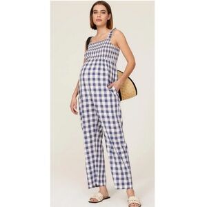 Nom Maternity Marais Gingham Blue White Cottagecore Print Jumpsuit Medium Read*